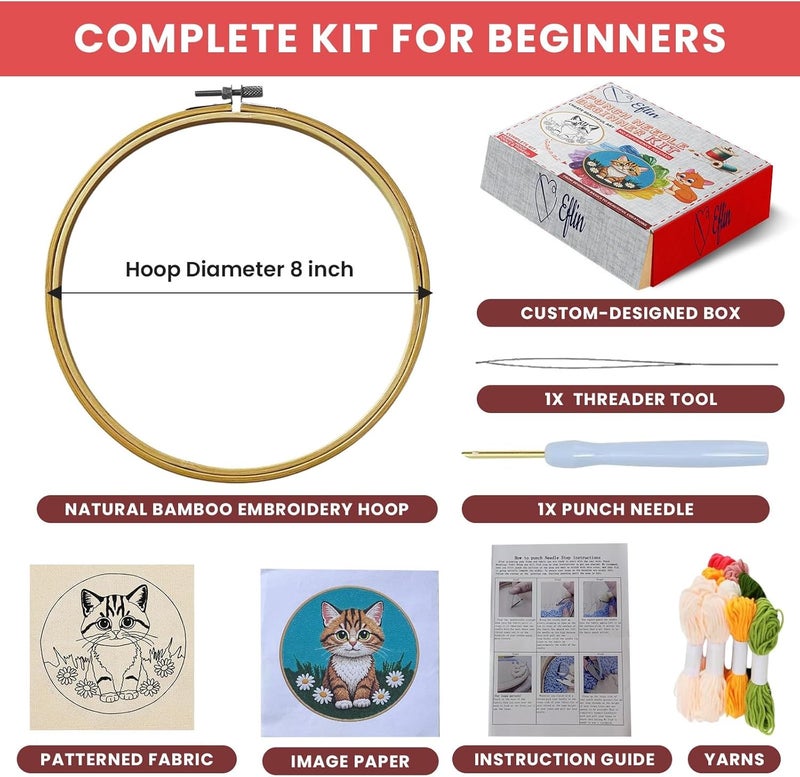 Eflin Punch Needle Kits Adults Beginner - Needlepoint Kits for Adults, Cute Cat & Daisy Pattern, Natural Bamboo Hoop, Yarns, Tools, Craft Kits for Beginners, Rare Gift for Crafts, Decors, Festivals - Image 2